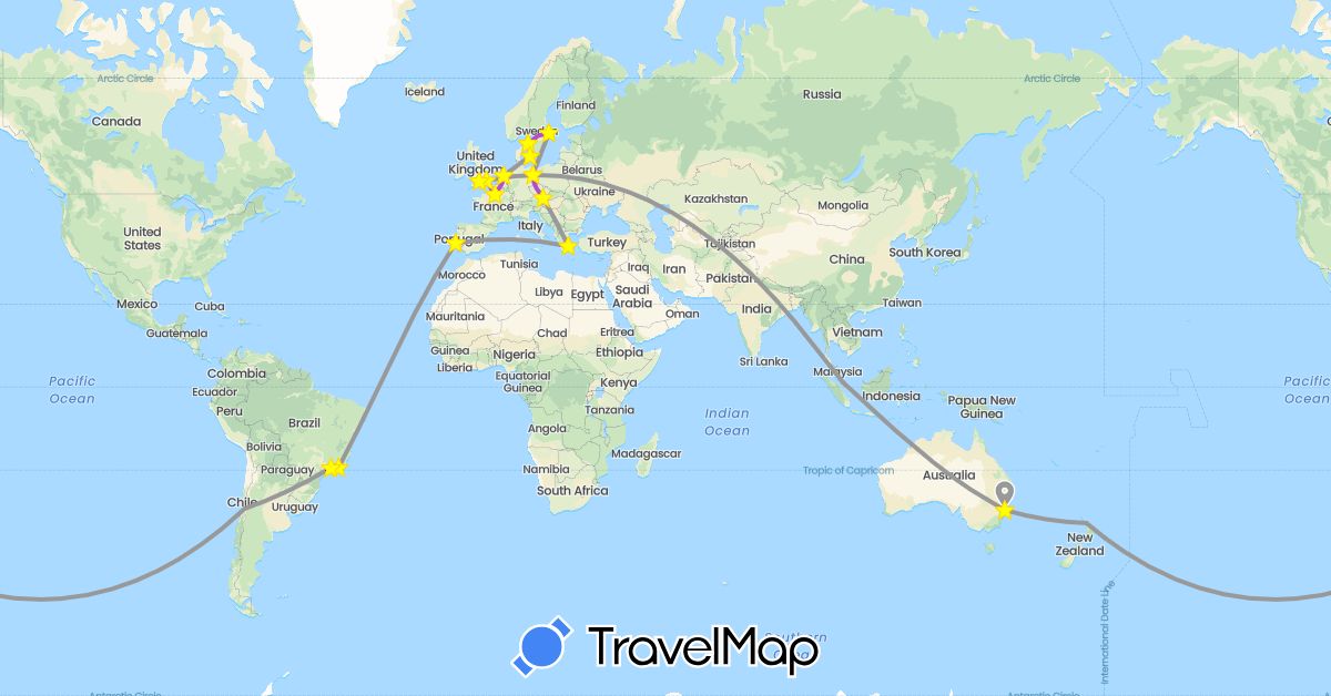 TravelMap itinerary: driving, bus, plane, train in Austria, Australia, Brazil, Chile, Germany, Denmark, France, United Kingdom, Greece, Netherlands, New Zealand, Portugal, Sweden, Singapore, Slovakia (Asia, Europe, Oceania, South America)