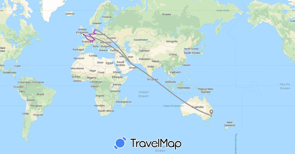 TravelMap itinerary: driving, plane, train in United Arab Emirates, Australia, Switzerland, Germany, Denmark, France, United Kingdom, Netherlands, Sweden (Asia, Europe, Oceania)